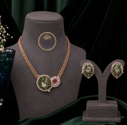Rose Gold Plated Green Stone Pendant Necklace Set for Women with Matching Stud Earrings | Elegant Party Wear Jewelry Set