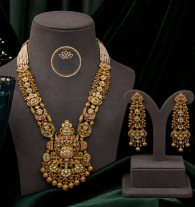 Traditional Gold Plated Long Haram Necklace Set for Women with Matching Earrings | Antique Bridal Wedding Temple Jewelry