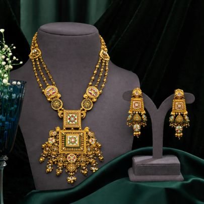 Square Pendant Antique Necklace Set with Meenakari Work – 92.5 Silver Gold Plated Traditional Jewellery | Divine Jewellery