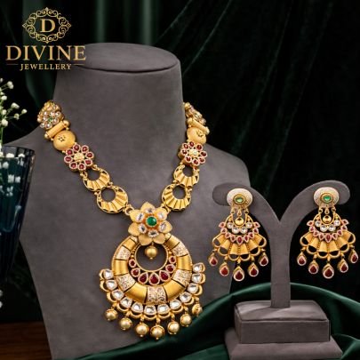 Statement Chand Floral Necklace Set with Kundan & Ruby Drops | 92.5 Silver Gold Plated Jewellery by Divine Jewellery