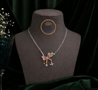 Stylish Butterfly Charm Necklace for Women – 92.5 Silver Base Rhodium Plated Multicolor Pendant Chain