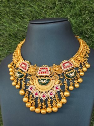 Swarnika Shringar Antique Temple Necklace Set with Ruby Squares & Green Enamel