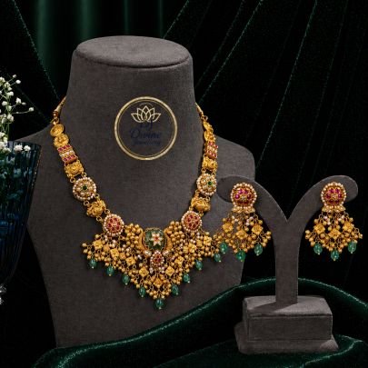 Temple Antique Floral Necklace Set with Green Drops & Jhumka Earrings – 92.5 Silver Gold Plated