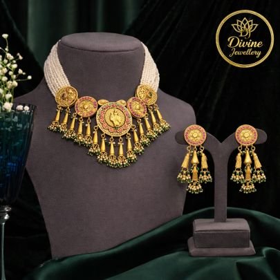 Temple Coin Choker Necklace Set with Pearl Layers & Green Drops – 92.5 Silver Gold Plated