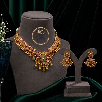 Temple Coin Choker Necklace Set with Lakshmi Pendant – 92.5 Silver Gold Plated