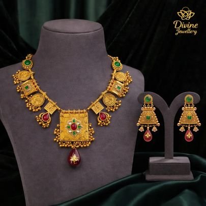 Temple Coin & Motif Necklace Set with Statement Pendant – 92.5 Silver Gold Plated Traditional Jewellery