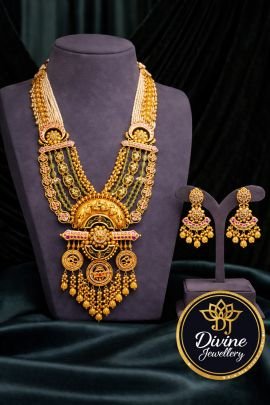 Temple Design Multi-Layer Bridal Necklace Set with Green Beads & Kundan Work – 92.5 Silver Gold Plated