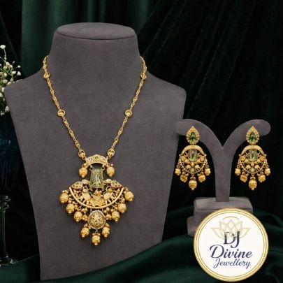 Temple Design Pendant Necklace Set with Green Stone & Antique Finish – 92.5 Silver Gold Plated