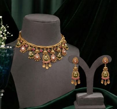 Temple Drop Choker Necklace Set with Green Red Stones & Hanging Charms – 92.5 Silver Gold Plated Jewellery | Divine Jewellery