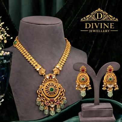 Temple Heritage Pendant Necklace Set with Mint Drops in 92.5 Silver Gold Plated | Divine Jewellery