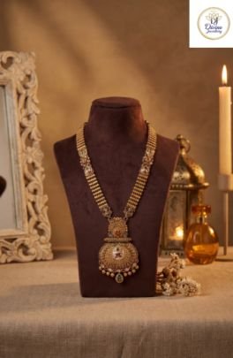 Temple Inspired Long Kundan Necklace with Antique Pendant & Traditional Motif Chain in 92.5 Silver with Gold Plating