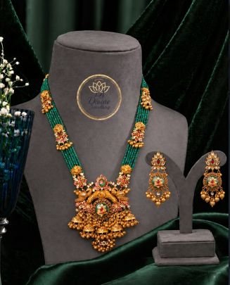 Temple Long Necklace Set with Green Beads & Lakshmi Pendant – 92.5 Silver Gold Plated Bridal Jewellery