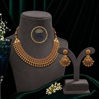 Temple Mesh Collar Necklace Set with Floral Jhumka Earrings – 92.5 Silver Gold Plated