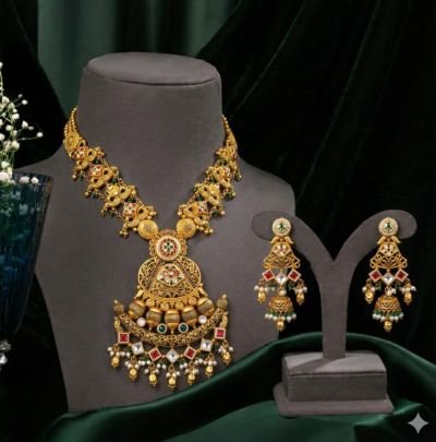 Temple Peacock Pendant Necklace Set with Kundan Stones – 92.5 Silver Gold Plated Traditional Jewellery | Divine Jewellery