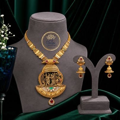 Temple Radha Krishna Pendant Necklace Set with Jhumka Earrings in 92.5 Silver Gold Plated | Antique Bridal Jewellery – Divine Jewellery