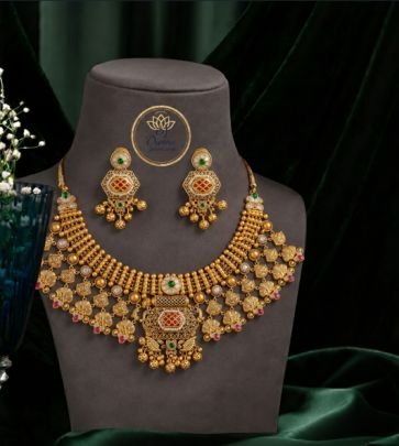 Traditional Antique Choker Necklace Set with Floral Coin Design & Matching Earrings for Women | Divine Jewellery