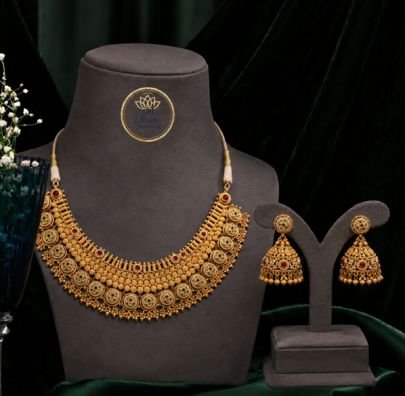 Traditional Antique Choker Necklace Set with Circular Temple Design & Jhumka Earrings for Women | Divine Jewellery