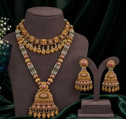 Traditional Antique Gold Long Haram Necklace Set with Jhumka Earrings | Bridal Temple Jewelry