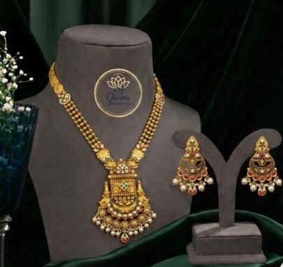 Traditional Antique Gold Plated Temple Pendant Necklace Set with Pearl Drops & Matching Earrings for Women