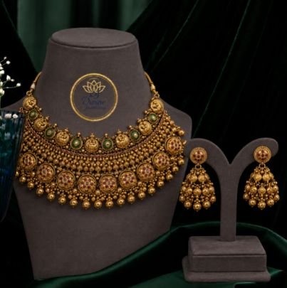 Traditional Antique Gold Plated Temple Choker Necklace Set with Matching Jhumka Earrings, Ethnic Bridal Jewelry Set for Women, Wedding Party Wear Stat
