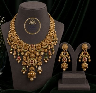 Traditional Antique Gold Plated Temple Peacock Bridal Necklace Set with Matching Jhumka Earrings | South Indian Wedding Jewellery for Women