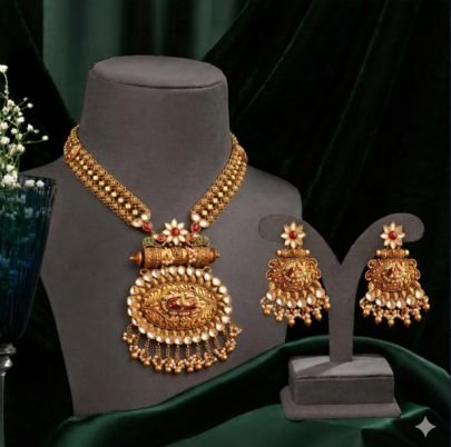 Traditional Antique Temple Pendant Necklace Set with Kundan Detailing – 92.5 Silver Gold Plated Jewellery | Divine Jewellery