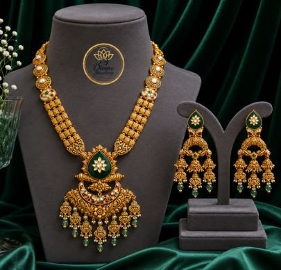 Traditional Emerald Temple Necklace Set with Earrings – 92.5 Silver Gold Plated