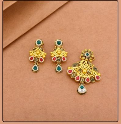 Traditional Floral Temple Pendant Set 92.5 Silver Gold-Plated with Kundan Stones and Earrings