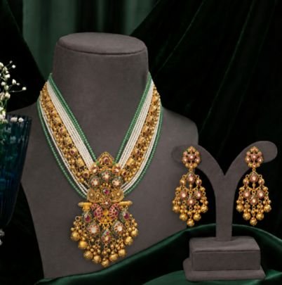 Traditional Gold Plated Bridal Necklace Set with Earrings, Green & White Beaded Layered Choker, Multicolor Stone Temple Style Jewelry Set for Women & 
