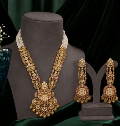 Traditional Gold Plated Bridal Necklace Set with Earrings for Women, White Pearl Beaded Long Necklace, Antique Finish Temple Style Jewelry Set for Wed
