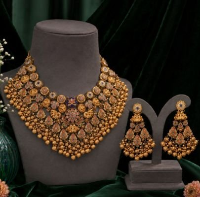 Traditional Gold Plated Bridal Choker Necklace Set with Earrings