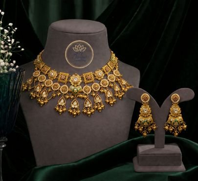 Traditional Gold Plated Choker Necklace Set for Women – 92.5 Silver Base Kundan Stone Heavy Bridal Jewellery with Earrings