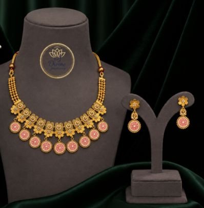 Traditional Gold Plated Floral Necklace Set with Pink Stones for Women | Ethnic Wedding Jewellery Set | Designer Necklace with Matching Earrings