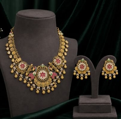 Traditional Gold Plated Floral Necklace Set with Matching Earrings