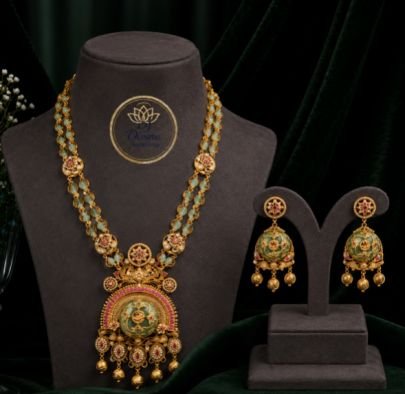 Traditional Gold Plated Long Haram Necklace Set with Green Beads, Temple Pendant & Matching Jhumka Earrings | Bridal Wedding Jewellery Set for Women