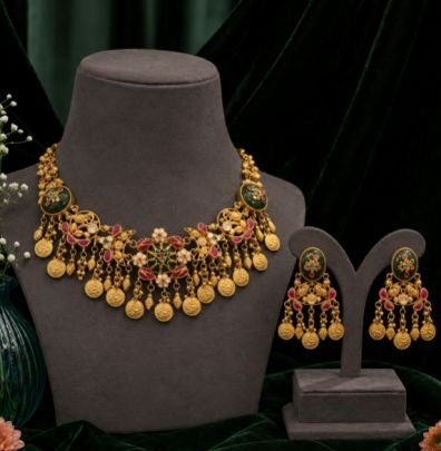 Traditional Gold Plated Meenakari Coin Necklace Set for Women