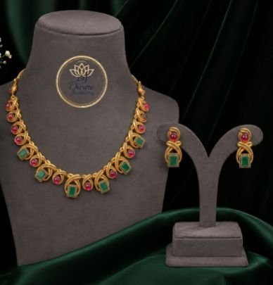 Traditional Gold Plated Necklace Set with Green & Ruby Stones for Women | Bridal Wedding Jewellery | Ethnic Temple Style Necklace & Earrings