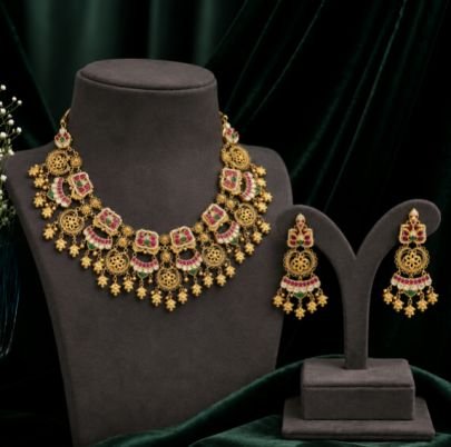 Traditional Gold Plated Temple Necklace Set with Jhumka Earrings