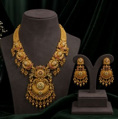 Traditional Gold Plated Temple Necklace Set with Statement Pendant & Matching Jhumka Earrings | Bridal Wedding Jewellery Set for Women