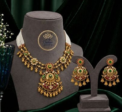 Traditional Green & Ruby Stone Temple Necklace Set with Pearl Chain – 92.5 Silver Gold Plated Jewellery