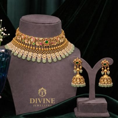 Traditional Kundan Choker Set with Green Bead Drops & Meenakari Detailing | 92.5 Silver Gold Plated Bridal Jewellery by Divine Jewellery