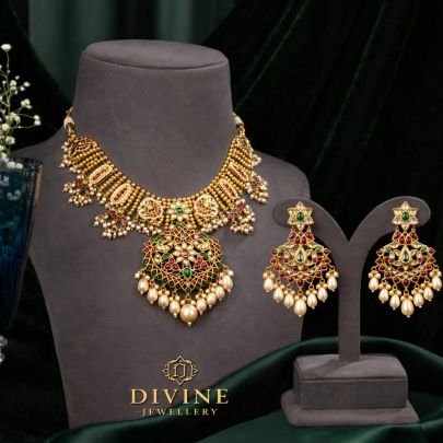 Traditional Kundan Temple Necklace Set with Pearl Drops & Statement Earrings – 92.5 Silver Gold Plated Bridal Jewellery | Divine Jewellery