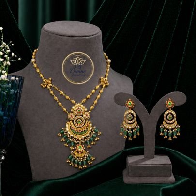 Traditional Layered Pendant Necklace Set with Green Beads – 92.5 Silver Gold Plated