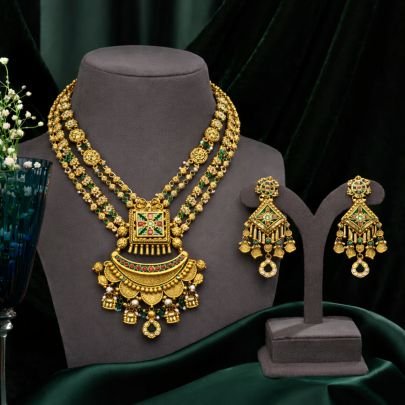 Traditional Multilayer Temple Necklace Set with Square Pendant – 92.5 Silver Gold Plated Designer Jewellery | Divine Jewellery