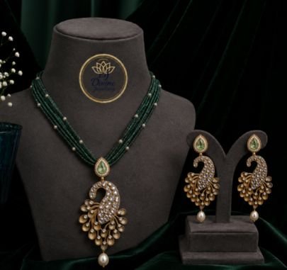 Traditional Peacock Pendant Necklace Set with Green Beads, Kundan Polki Designer Jewelry Set with Matching Peacock Earrings for Women