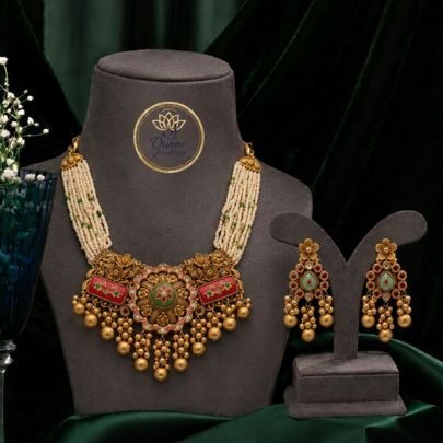 Traditional Pearl Beaded Statement Necklace Set with Designer Earrings | Gold Plated 92.5 Silver Ethnic Jewellery