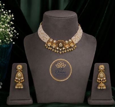 Traditional Pearl Choker Necklace Set with Kundan Work & Jhumka Earrings