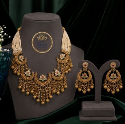 Traditional Pearl Mala Temple Necklace Set with Matching Earrings, Antique Gold Plated Ethnic Jewelry Set for Women, Bridal Wedding Party Wear Stateme