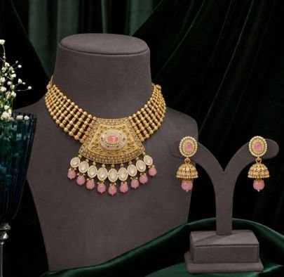 Traditional Pink Stone Choker Necklace Set for Women | Gold Plated Silver Bridal Jewellery Set with Jhumka Earrings