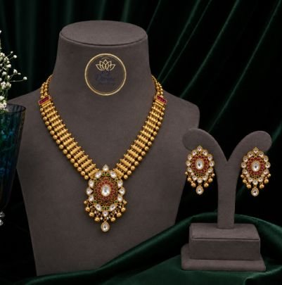 Traditional Ruby Stone Pendant Necklace Set for Women | Gold Plated Silver Ethnic Jewellery with Matching Earrings